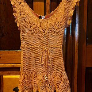 Vintage H&M Divided Orange Crochet Knit Short Sleeve Top Size 6